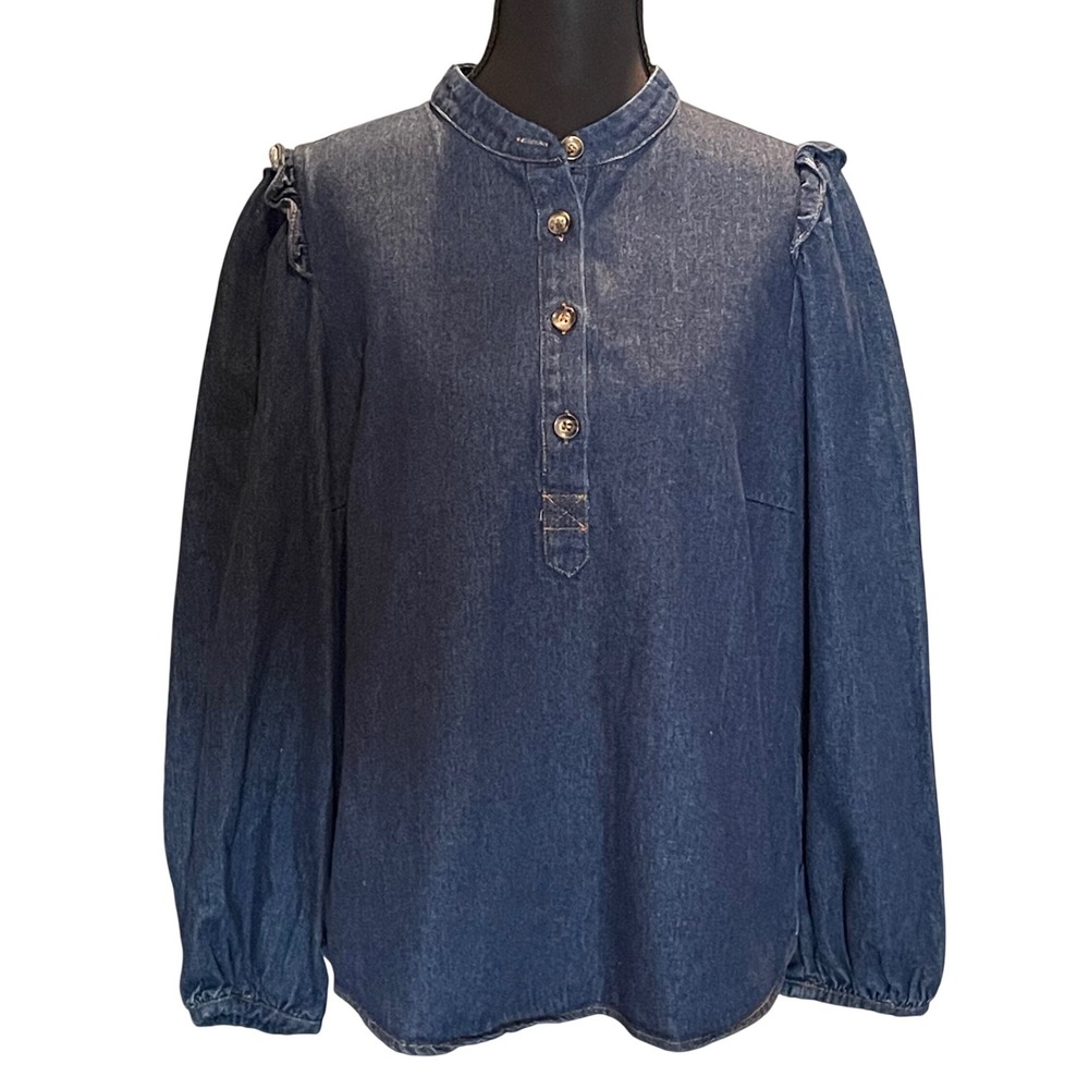 FRNCH Paris Blue Denim Ruffle Shoulder Band Collar Blouse M Parisian Chic